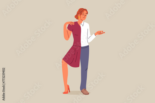 Human with absence of gender stereotypes, strives for self-expression and wears men and women clothing. Non-binary LGBTq person calls for erasing gender stereotypes to avoid discrimination
