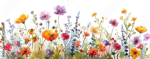 Vibrant Watercolor Meadow Blooming with Colorful Wildflowers on White Background