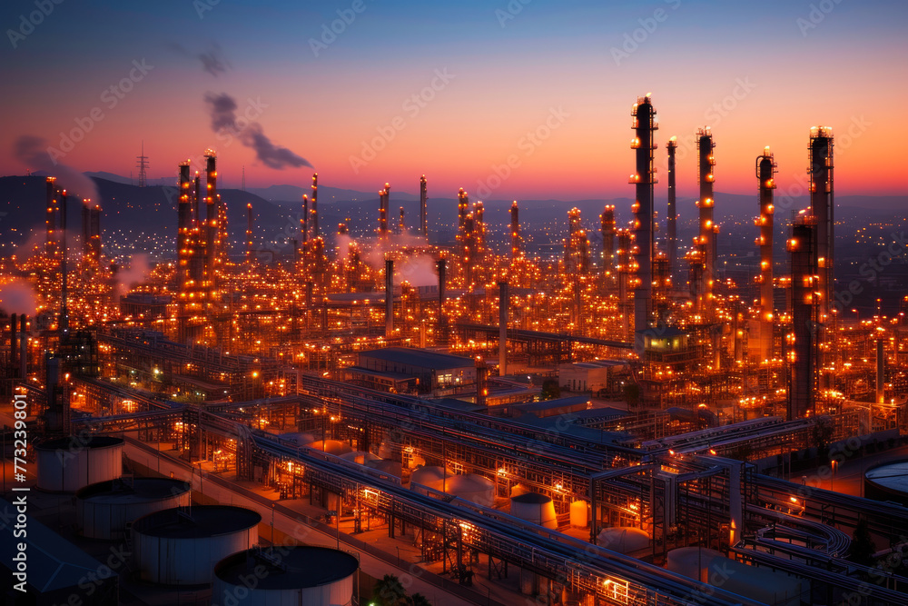 Oil and gas refinery at night, energy supply for industrial demand