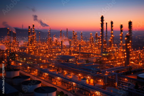 Oil and gas refinery at night, energy supply for industrial demand
