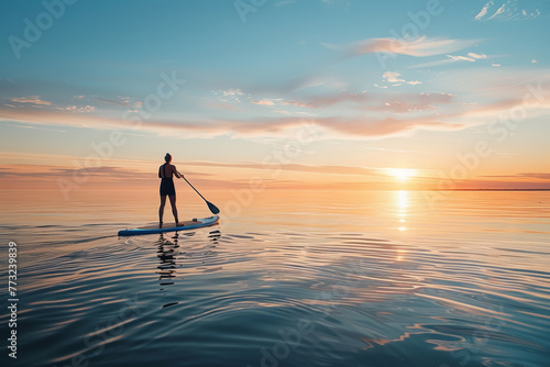 Serene Paddleboarding at Sunset © spyrakot