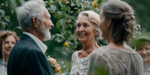 Elderly couple renewing vows in a garden surrounded by family and friends tears of joy and commitment. Concept Elderly couple, Vow Renewal, Garden Ceremony, Family and Friends, Tears of Joy