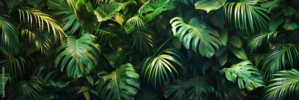 A vibrant tableau of lush tropical foliage, where sunlight dances on verdant fern leaves against a backdrop of deep shadow, showcasing a vivid contrast of light and color.
