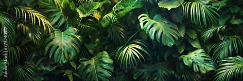 A vibrant tableau of lush tropical foliage, where sunlight dances on verdant fern leaves against a backdrop of deep shadow, showcasing a vivid contrast of light and color.