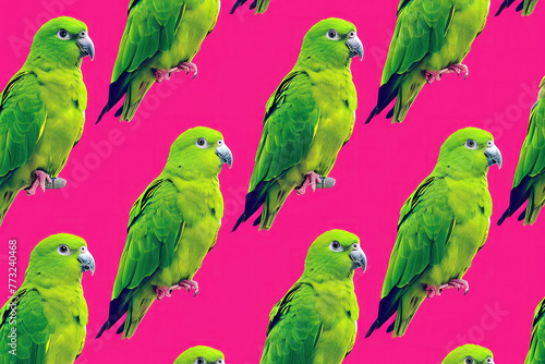 Colorful group of green parrots sitting on a bright pink background in a tropical setting