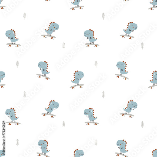 Cute Dinosaur playing skateboard Seamless Pattern for Kids and Babies Clothing, Fabric, Wrapping, Packaging, Textile, Wallpaper, Nursery Décor etc. Isolated on White Background. Baby Boy Theme.	