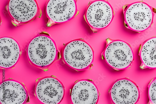 Top view circular sliced dragonfruits. Fruit background. Generative AI.
