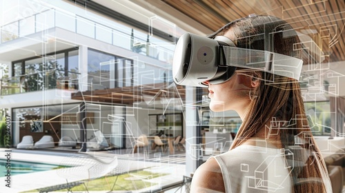réalité virtuelle et architecture, personne qui visite une maison avec un casque VR. illustration ia générative
 photo