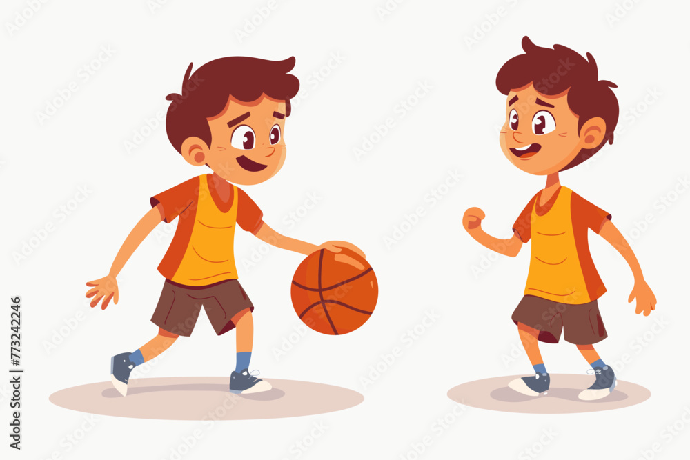 Cute little boy playing basketball, cartoon vector illustration isolated on white background.