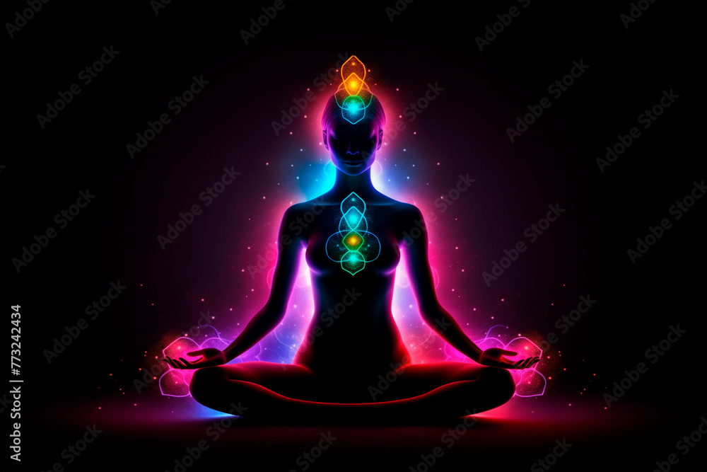 Human silhouette with a multi-colored glow in the lotus position. Yoga pose. Chakras Human silhouette with a multi-colored glow in the lotus position. Yoga pose. Chakras