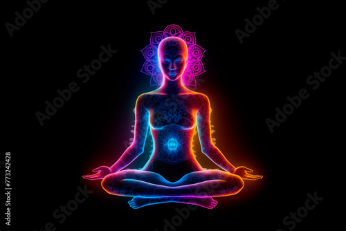 Human silhouette with a multi-colored glow in the lotus position. Yoga pose. Chakras