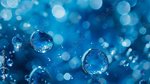 Close-up blue gas bubbles under water ,Dark blue bokeh background ,abstract deep blue background with blur bokeh light effect 
