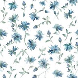 A playful and vibrant watercolor pattern showcasing tiny cornflowers in a blend of marlin, capri, and chambray blues, evoking a cheerful and lively textile design.