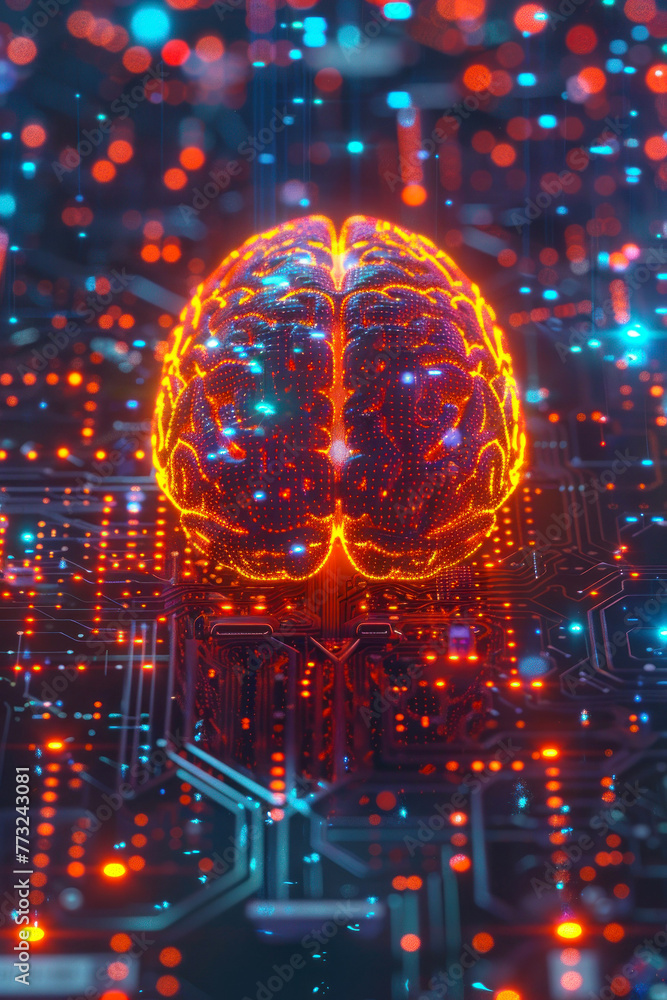 A bright neon brain displayed over an intricate network of digital electronics and light A bright neon brain displayed over an intricate network of digital electronics and light