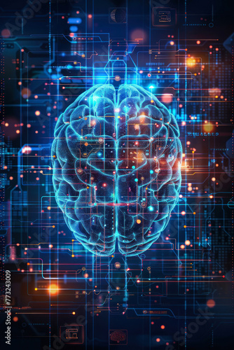Detailed digital brain illustration set against a complex background of electronic circuitry and lights