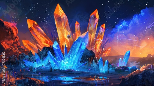 A fantasy landscape where blue and orange crystals emerge from the ground