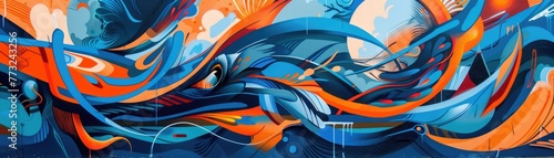 A vibrant street art mural blending blue and orange in a dynamic urban landscape photo