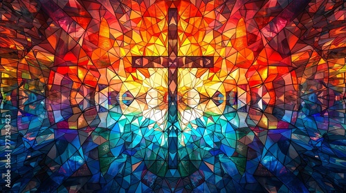 A mosaic glass cross is central in this artwork, with a radiant light effect symbolizing hope and resurrection.