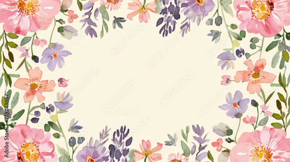 Obraz premium Elegant watercolor florals frame an open white space, ideal for heartfelt Mother's Day messages and thoughtful springtime invitations.