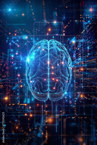 A blue circuitry human brain illustration overlays a data-rich digital background, emphasizing advanced neural networking technology