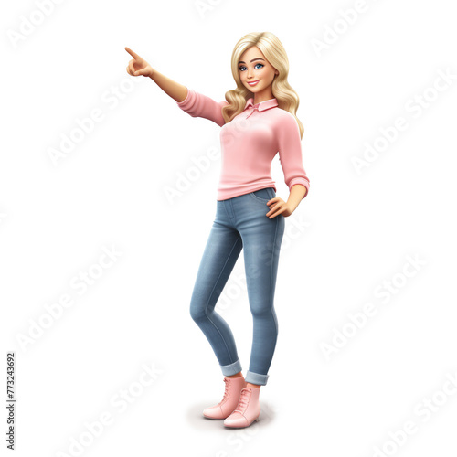 Cute blonde young woman pointing to, 3D render style, isolated on white background cutout