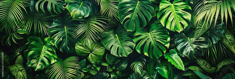 A dense, tropical tableau, where the lush green ferns are bathed in sunlight, creating a radiant display of color and contrast within the undergrowth. - obrazy, fototapety, plakaty 