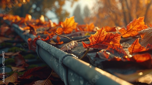 Autumn Leaves in Gutter, Crisp autumn leaves collect in a rain gutter, a seasonal blend of warm hues glistening with morning dew under a soft, golden light