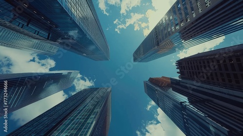 Skyscraper Silhouettes Against a Blue Sky, upward view capturing towering skyscrapers as they reach towards a clear blue sky, outlined by the contrast of architectural detail and open space