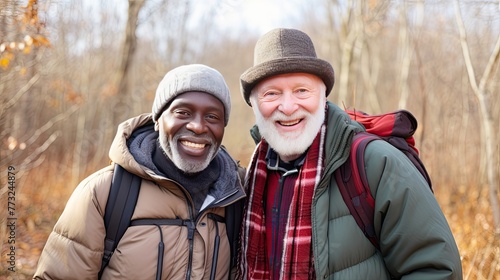The beauty of nature mirrors the radiance on their faces, as these two elderly men embark on a hiking journey. Their smiles tell stories of friendship, perseverance, and a love for the great outdoors.