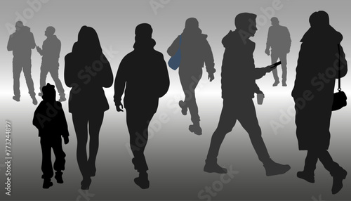 Silhouettes of 9 active people, men and women, walking in different directions, walking, vector.