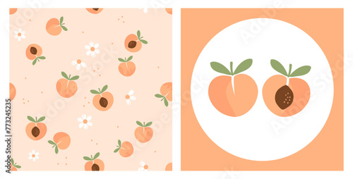 Seamless pattern with peach fruit, green leaves and white flower on orange background vector. Peach fruit icon sign vector.
