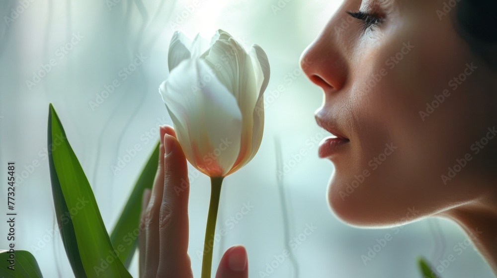 A close-up captures a moment of tranquility as a woman gently smells a white tulip, symbolizing purity and peace.