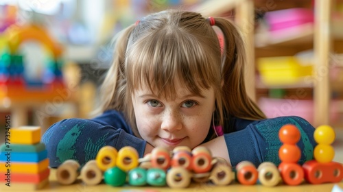 Little autistic  girl playing in a kindergarten or children's room at home with wooden educational toys. Concept of leisure, development, education, autism. Generative ai