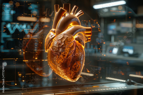 An image of a human heart realistically suspended and illuminated in a virtual, high-tech environment