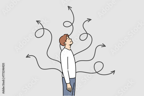 Man chooses way to solve situation, standing near arrows pointing in different directions. Young guy chooses right solution from several options, wanting to find most effective route