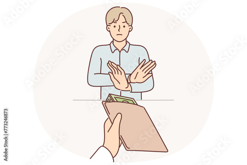 Man official shows stop gesture refusing to take bribe and does not want to become corrupt placeman