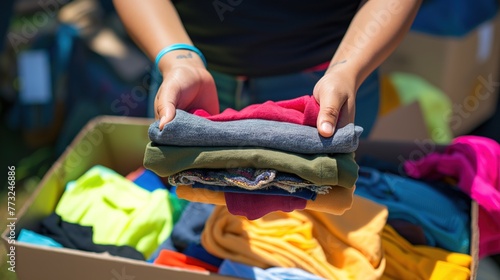 Volunteer Hands Sorting Colorful Clothes from Donation Box