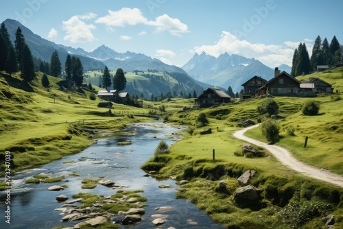 Beautiful landscape river mountains trees houses