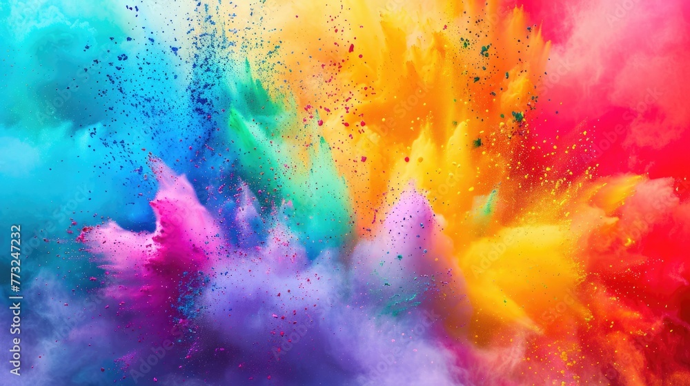 Сolorful rainbow holi paint color powder explosion isolated on white, panorama background with free place for text