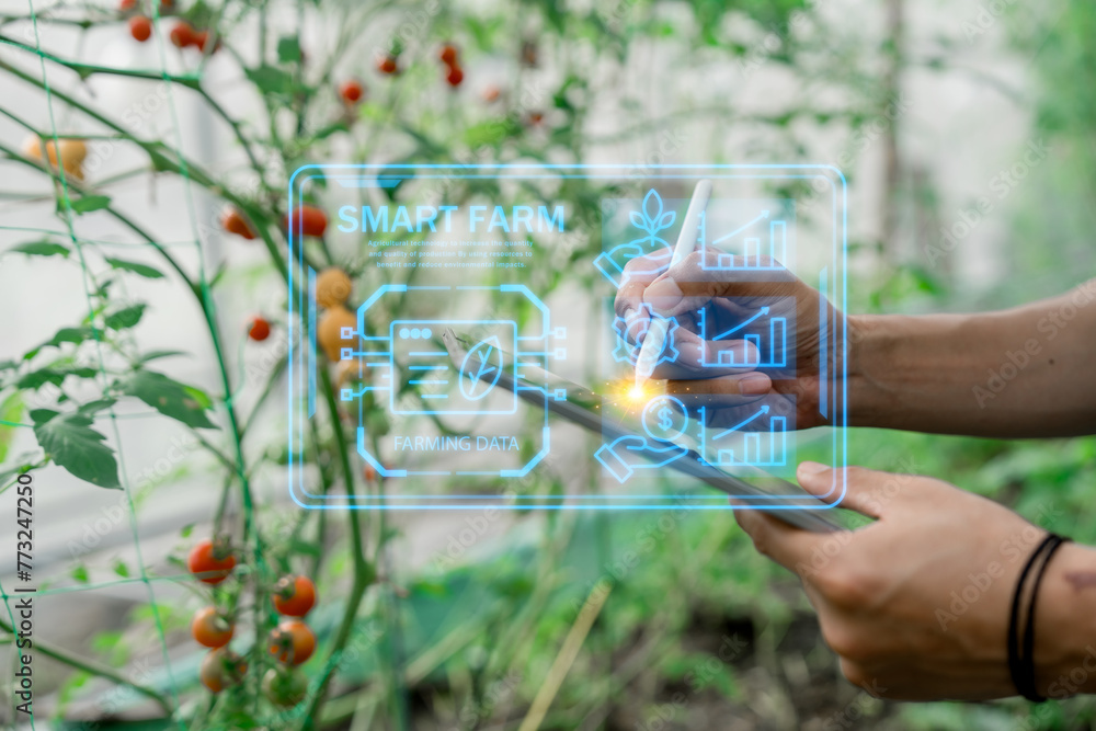Ai for farming. iot Agriculture technology farmer man holding tablet or tablet technology to research about agriculture problems analysis data and visual icon.