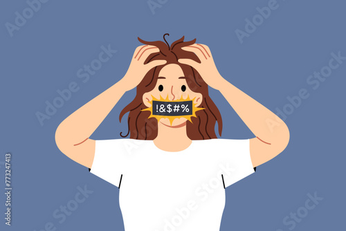 Frightened woman panic and clutches head, uttering obscene words, after receiving bad news. Panic and stress in girl needs help from psychologist to avoid onset of chronic depression