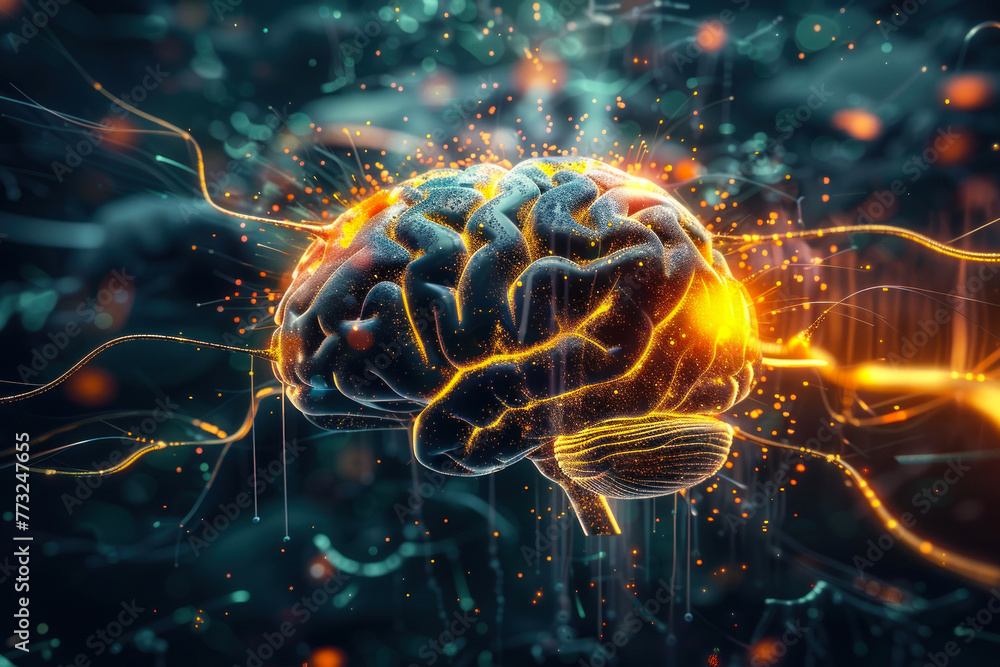 This image depicts an electrically charged brain with dynamic synapses, representing mental agility and active thought process This image depicts an electrically charged brain with dynamic synapses, representing mental agility and active thought process