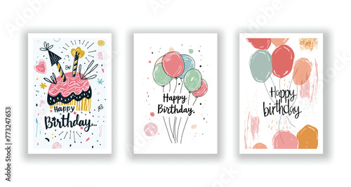Whimsical Happy Birthday Card Collection, Hand-Drawn Flyers, Postcards, and Invitations