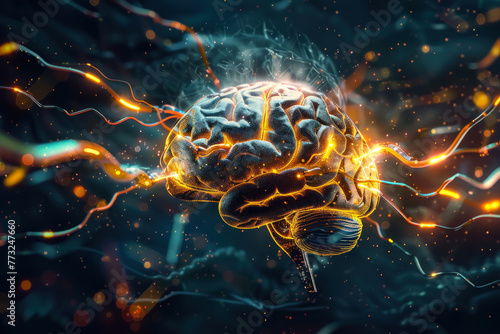 Dynamic representation of an illuminated brain, highlighting cerebral landscapes with flowing energy pathways