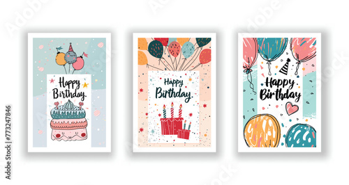 Whimsical Happy Birthday Card Collection, Hand-Drawn Flyers, Postcards, and Invitations