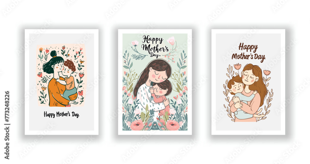 Mother's Day Card Set, Cute Vector Illustrations, Typography, and Wishes Mother's Day Card Set, Cute Vector Illustrations, Typography, and Wishes