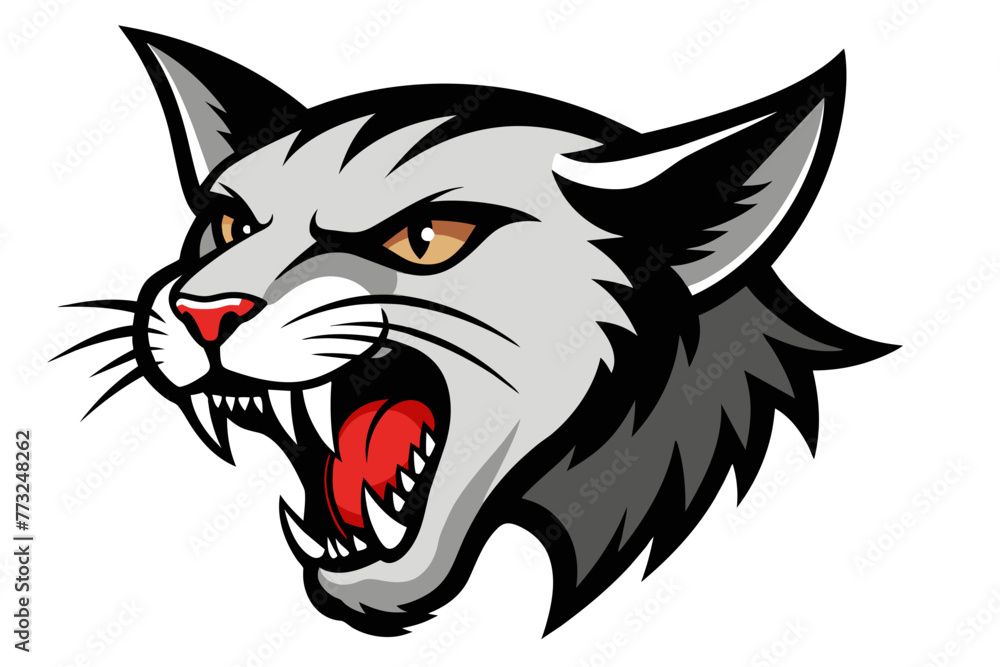 head of cat with open mouth and sharp teeth, isolated on clear white background head of cat with open mouth and sharp teeth, isolated on clear white background