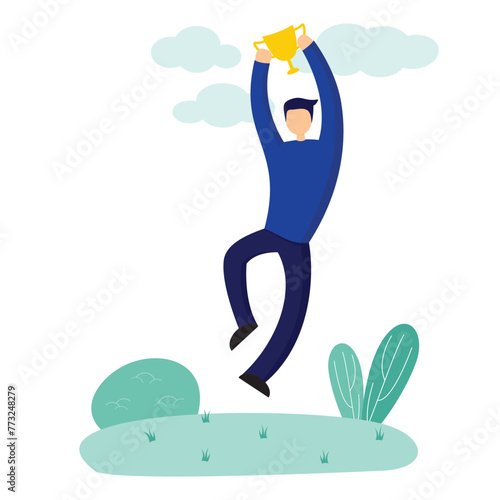 businessman holding trophy, success and winning