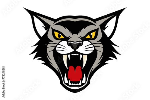 head of cat with open mouth and sharp teeth, isolated on clear white background