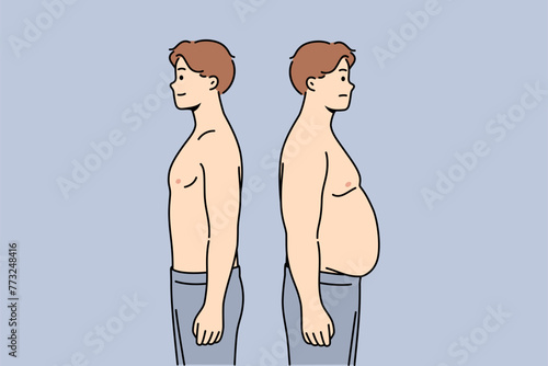 Thin and fat men stand side by side demonstrating changes in figures after eating fast food or working sedentary jobs. Fat guy has problems with excess weight caused by hormonal imbalance in body